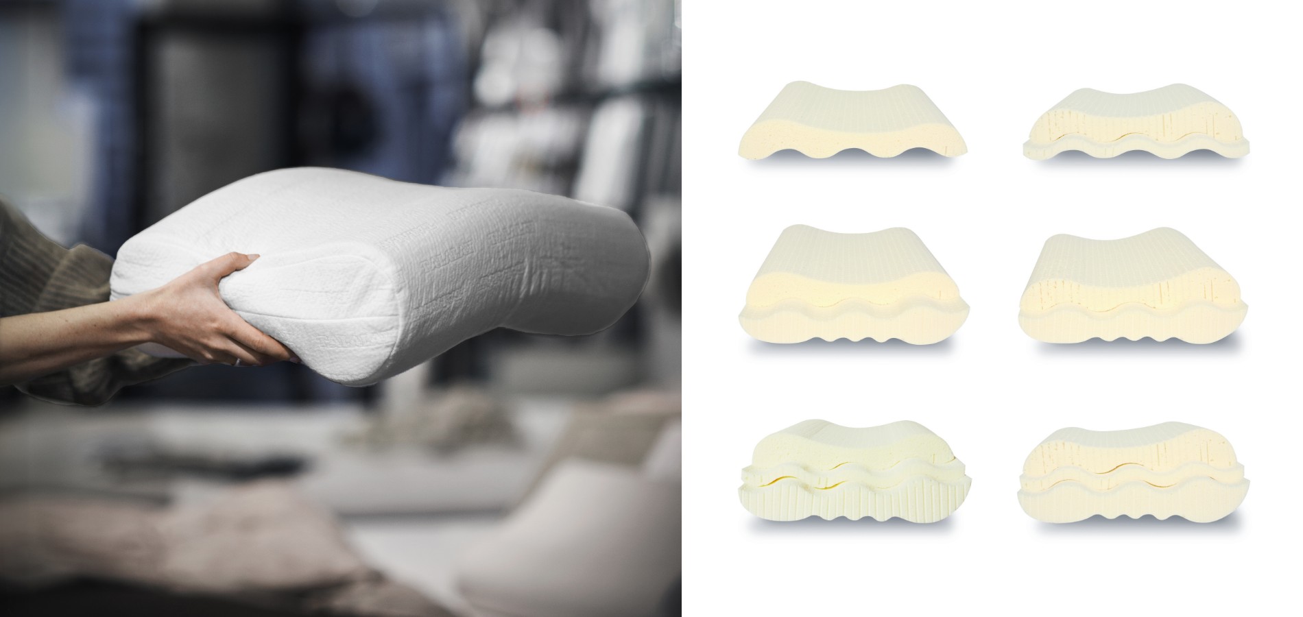 Händer som håller upp en ergonomisk kudde i talalay naturlatex, bild på ergonomisk naturlatex kudde med olika lager 